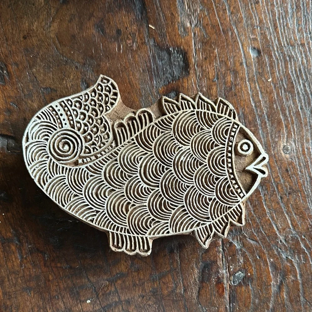 Handcrafted Wooden Fish Rustic Figurine Indian Block Print Stamp Decorative⁠